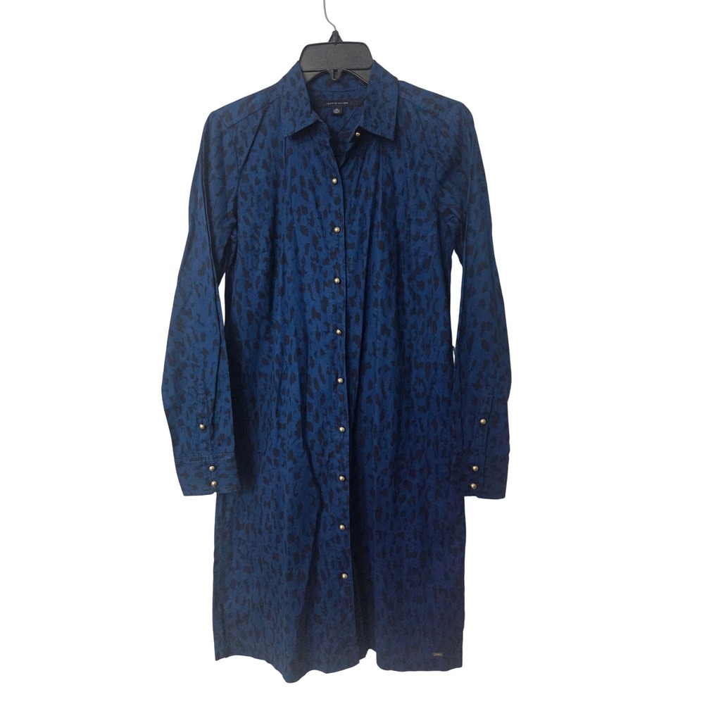 Tommy Hilfiger Womens Blue Animal Print Cotton Button Down Shirt Dress XS